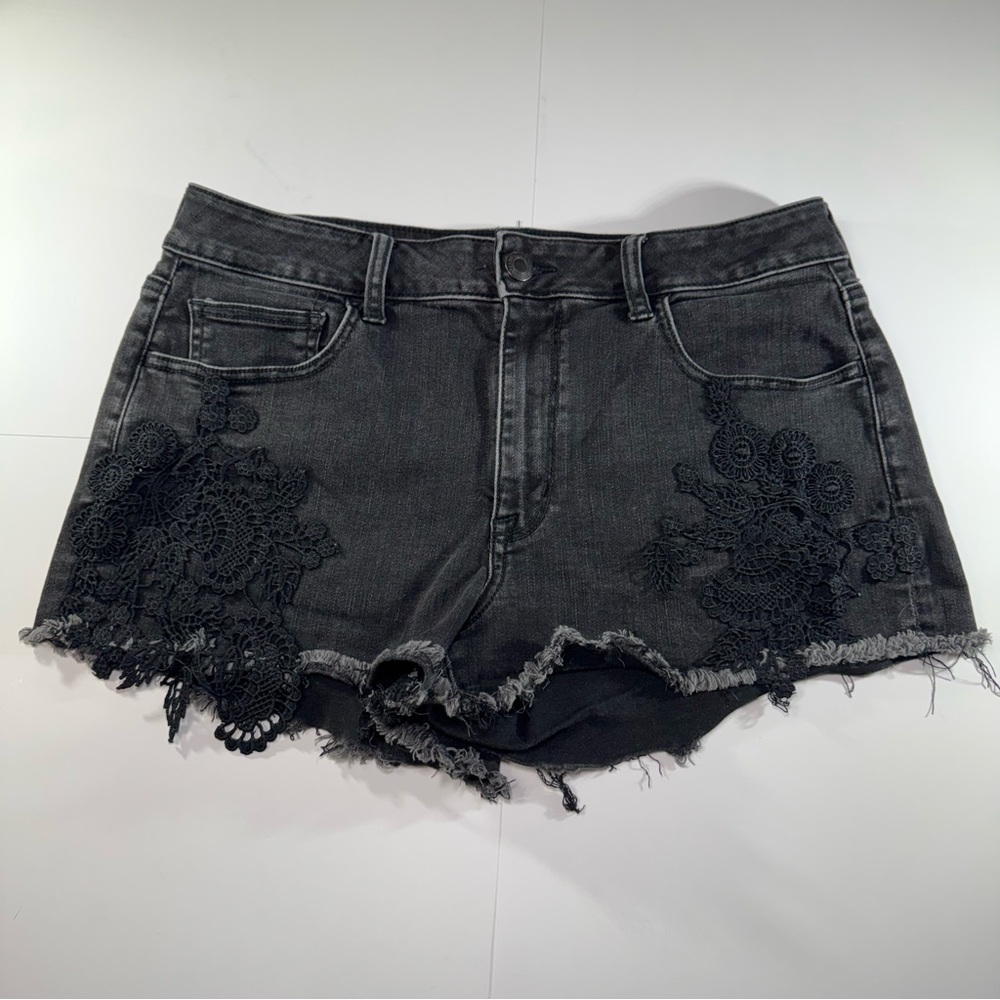 American Eagle hi-rise shorty black jean shorts with lace details and distressed